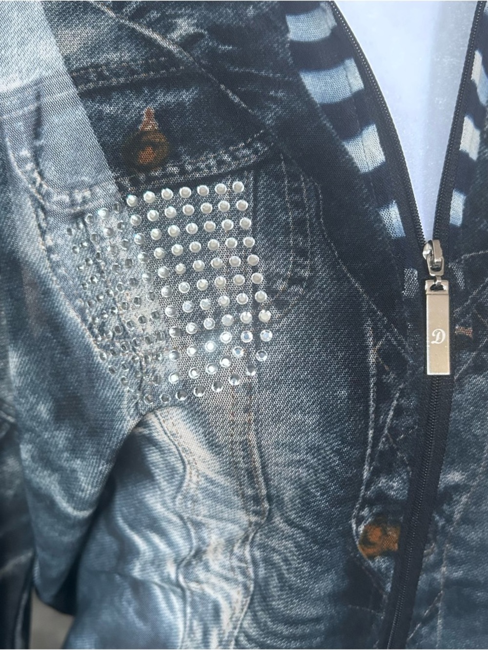 Y2K McBling Rhinestone Mesh Jacket Edgy Zip-up Faux Denim Printed Damee Size L - Picture 12 of 12